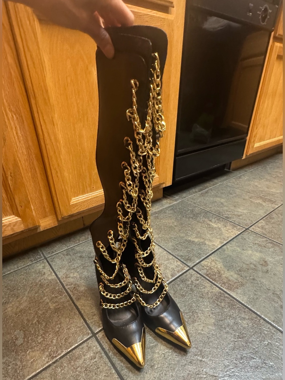 Black Leather Knee-High Stiletto Boots with Gold Chain & Toe Cap US 8 - Picture 7 of 17